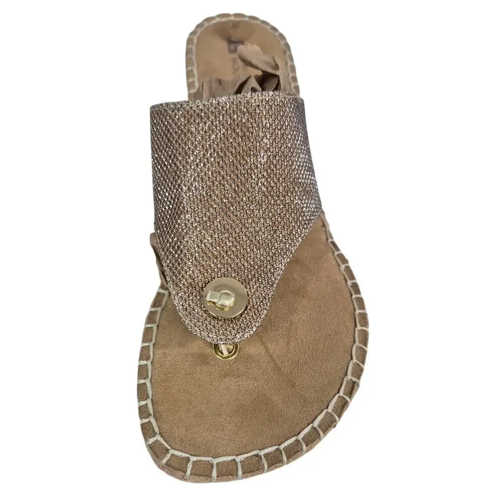 White Mountain Beachball Gold Metallic Wedge Thong Sandals Rope/Stitch Sz 9